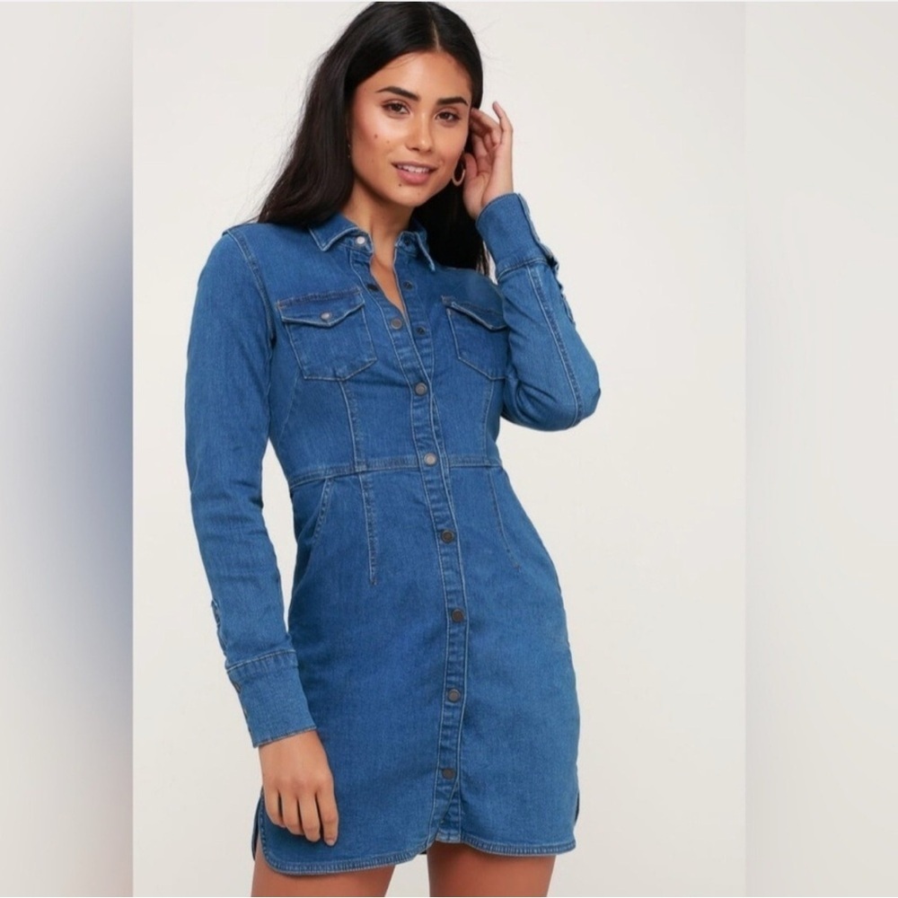 Free People Dynomite Denim Chambray Snap Front Long Sleeve Dress size S Blue